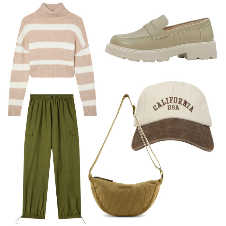 Outfit donna - Total look #2362457. Stile Trendy per Tutti i giorni. Abbinamento con mocassini, pantaloni cargo, maglieria, cappelli con visiera, borse a tracolla.