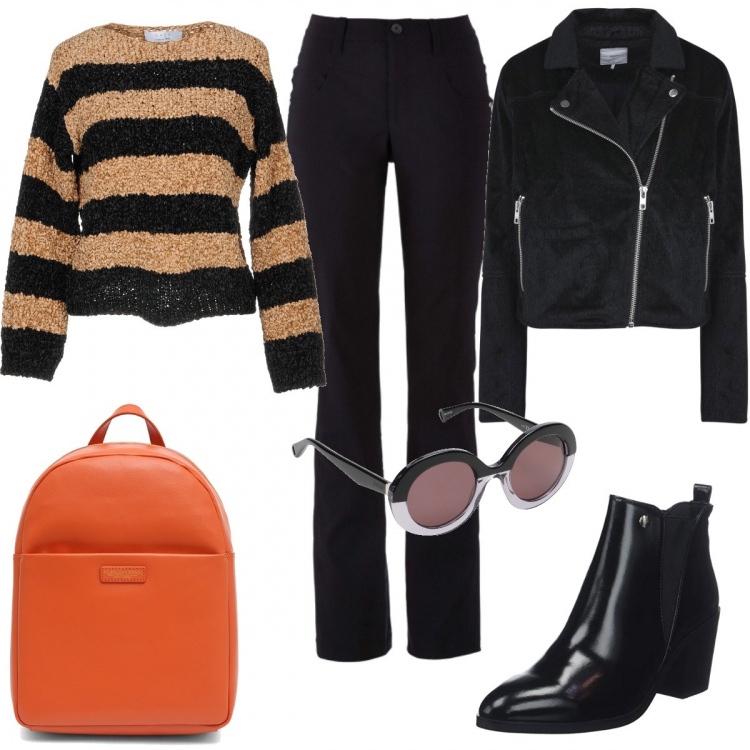 Outfit donna - Biker e zainetto. Stile Trendy per Ufficio. Abbinamento con pantaloni, pullover a righe lavorato a maglia collo tondo a maniche lunghe taglia media, giubbotto, occhiali da sole effetto acetato montatura in plastica, stivali nero, zaino con taschini e stampa con spalline arancione.