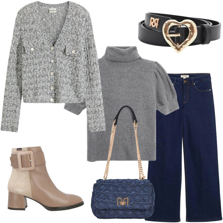 Outfit donna - Romanticamente retro\'. Stile Romantica per Tutti i giorni. Abbinamento con stivaletti, cardigans, jeans dritti, maglieria, cinture, borse a spalla.
