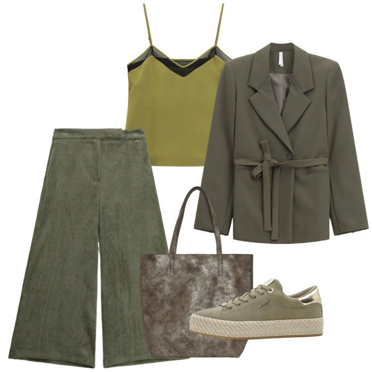 Outfit donna - Sfumature di verde - @antonellal. Stile Bon Ton per Tutti i giorni. Abbinamento con sneakers, top, blazer, shopping bag, pantaloni a palazzo.