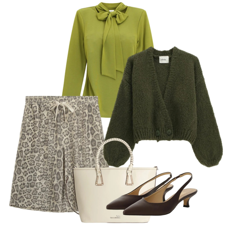 Outfit donna - Sfumature di verde - @antonellal. Stile Bon Ton per Ufficio. Abbinamento con shopping bag, cardigans, maglieria, décolleté, bermuda.