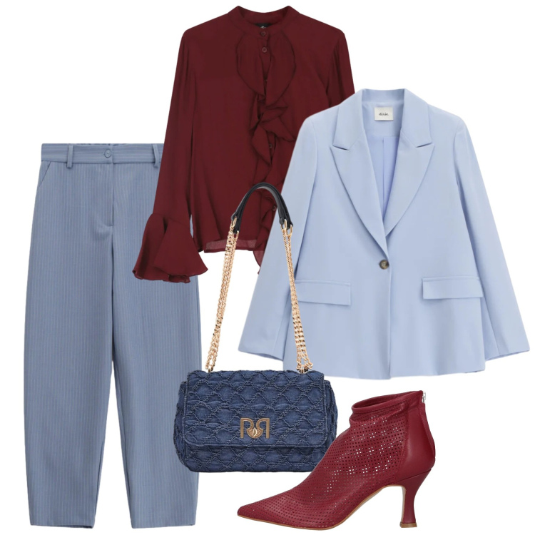 Outfit donna - Celeste e bordeaux - @pamela. Stile Bon Ton per Tutti i giorni. Abbinamento con stivaletti, blazer, camicie, pantaloni, borse a spalla.