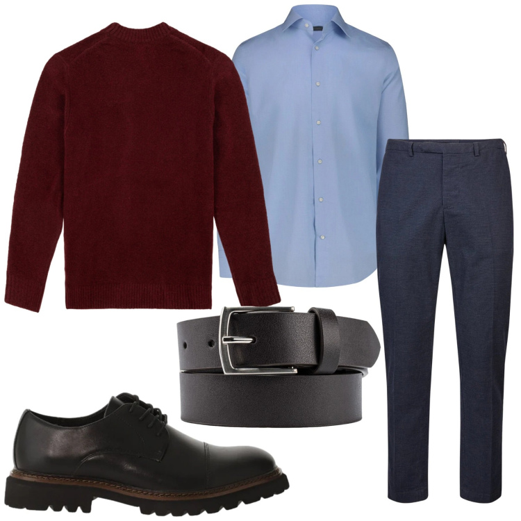 Outfit uomo - Total look #2362465. Stile Business/Elegante per Tutti i giorni. Abbinamento con scarpe stringate, pantaloni, camicie, cinture, maglieria.