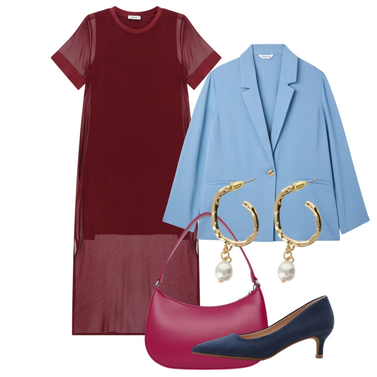Outfit donna - Celeste e bordeaux - @pamela. Stile Bon Ton per Tutti i giorni. Abbinamento con décolleté, blazer, borse a tracolla, vestiti midi/longuette, orecchini.