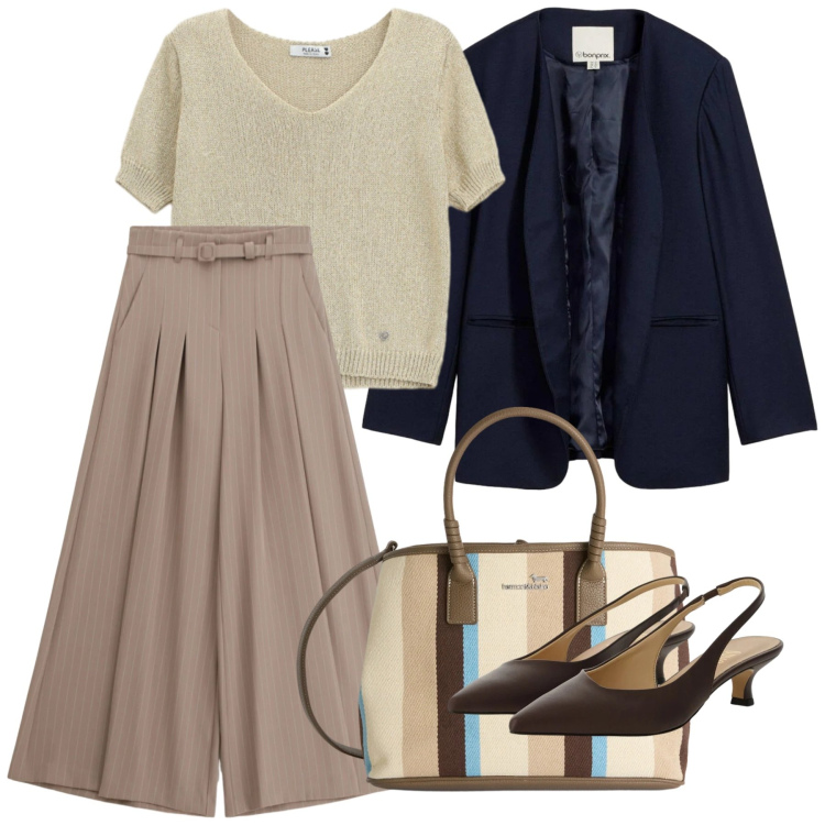 Outfit donna - Maglia leggera protagonista. Stile Bon Ton per Tutti i giorni. Abbinamento con blazer, shopping bag, pantaloni a palazzo, décolleté, maglieria.