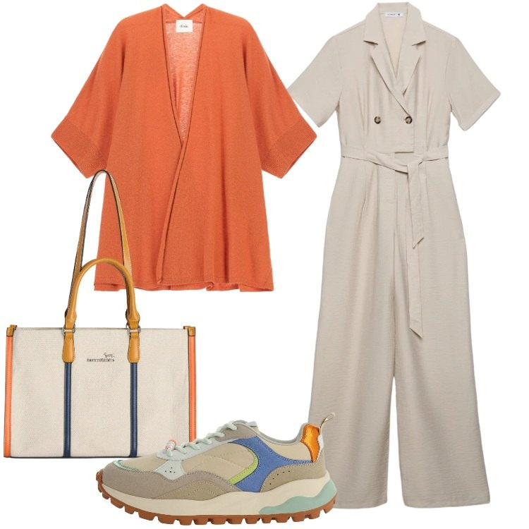 Outfit donna - Jumpsuit e cardigan. Stile Basic per Tutti i giorni. Abbinamento con borse tote, tute, sneakers, cardigans.