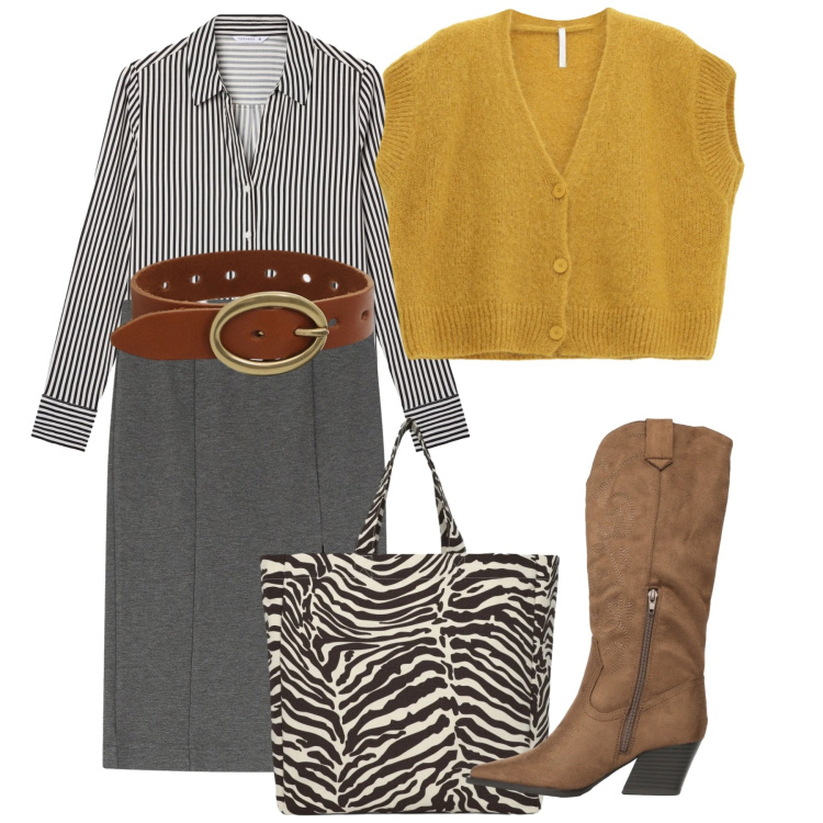 Outfit donna - Maglia leggera protagonista. Stile Bon Ton per Ufficio. Abbinamento con cardigans, camicie, stivali, shopping bag, gonne longuette, braccialetti.