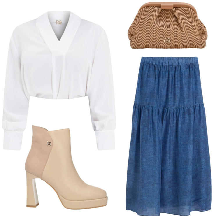 Outfit donna - Stile romantico di primavera. Stile Romantica per Tutti i giorni. Abbinamento con stivaletti, gonne lunghe, bluse, pochette.