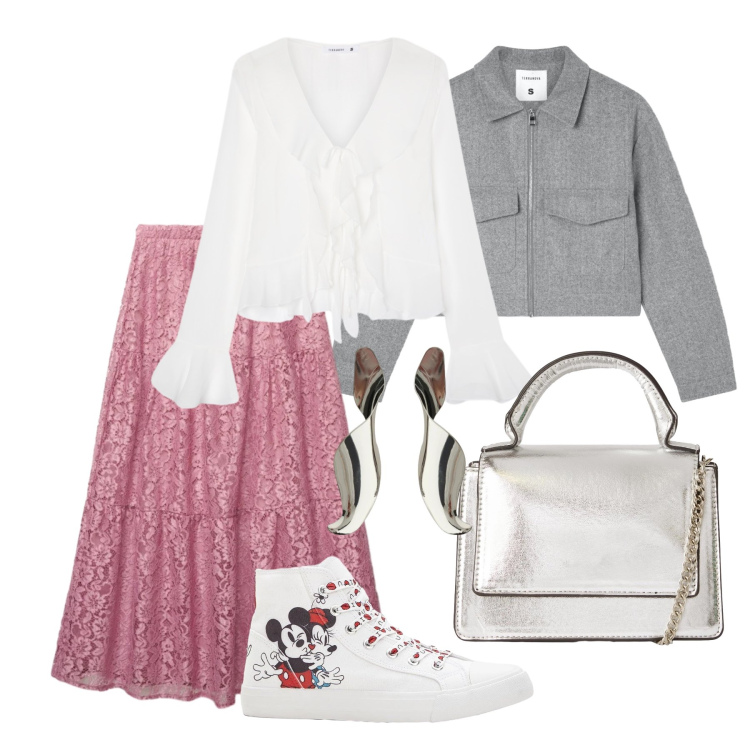 Outfit donna - Marzo. Stile Romantica per Tutti i giorni. Abbinamento con sneakers alte, borse a tracolla, blazer, bluse, gonne lunghe, orecchini.