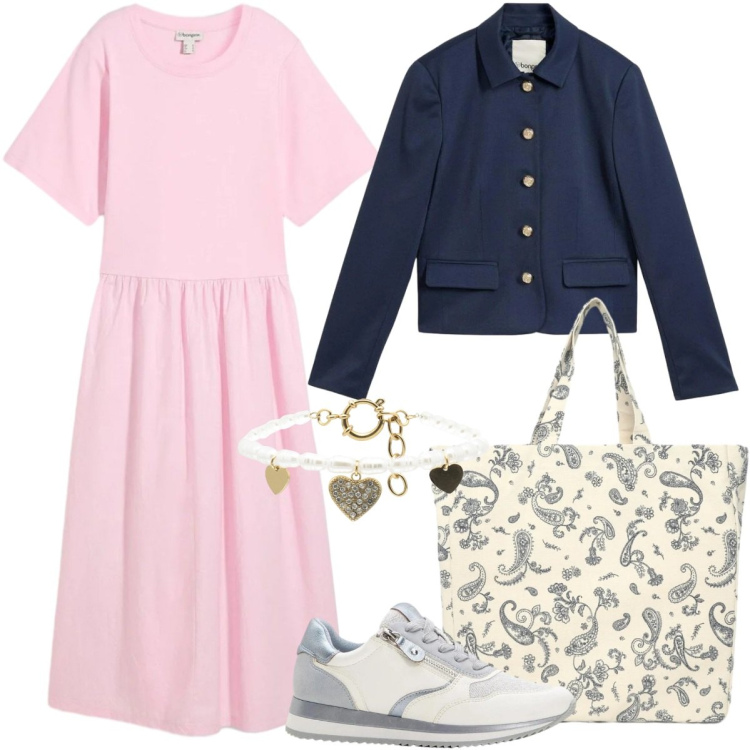 Outfit donna - Stile romantico primaverile - Curvy. Stile Romantica per Tutti i giorni. Abbinamento con blazer, sneakers, vestiti midi/longuette, shopping bag, braccialetti.