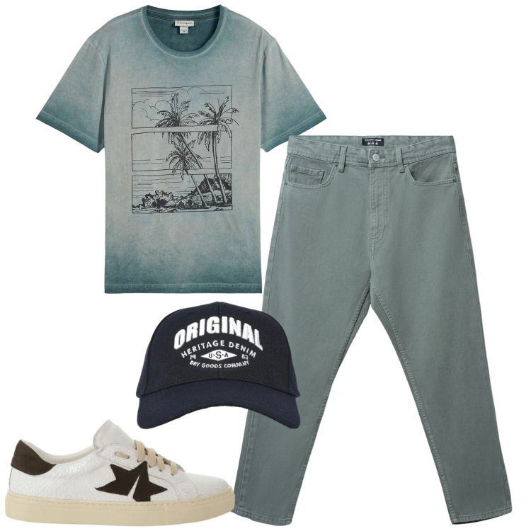 Outfit uomo - Marzo. Stile Casual per Tutti i giorni. Abbinamento con t-shirt, sneakers, jeans, cappelli con visiera.