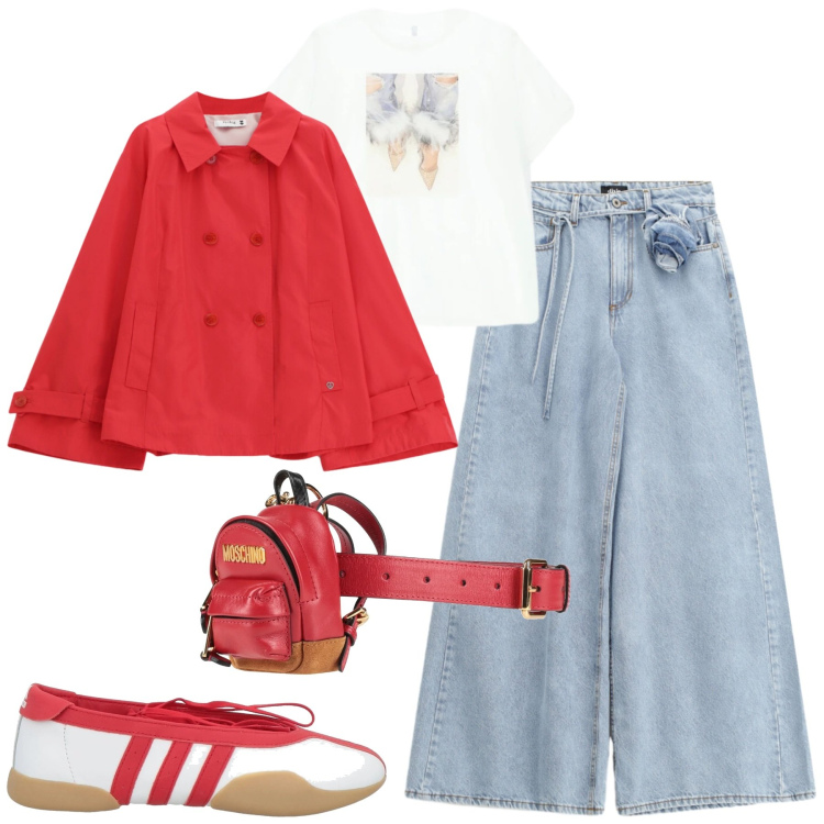 Outfit donna - Marzo. Stile Trendy per Tutti i giorni. Abbinamento con marsupi, ballerine, t-shirt, jeans, giacche.