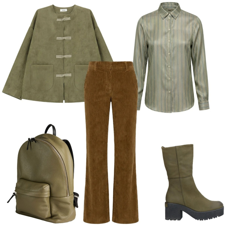Outfit donna - I colori del bosco. Stile Casual per Tutti i giorni. Abbinamento con zaini, stivaletti, camicie, pantaloni, blazer.