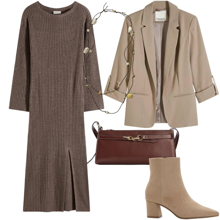 Outfit donna - Abiti che si muovono con te - Curvy. Stile Casual chic per Ufficio. Abbinamento con vestiti, borse a tracolla, stivaletti, blazer, collane.