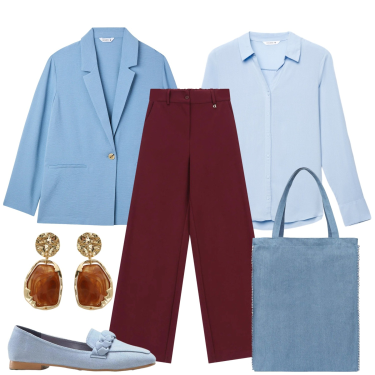 Outfit donna - Celeste e bordeaux a contrasto. Stile Casual chic per Tutti i giorni. Abbinamento con mocassini, blazer, borse tote, camicie, pantaloni a palazzo, orecchini.