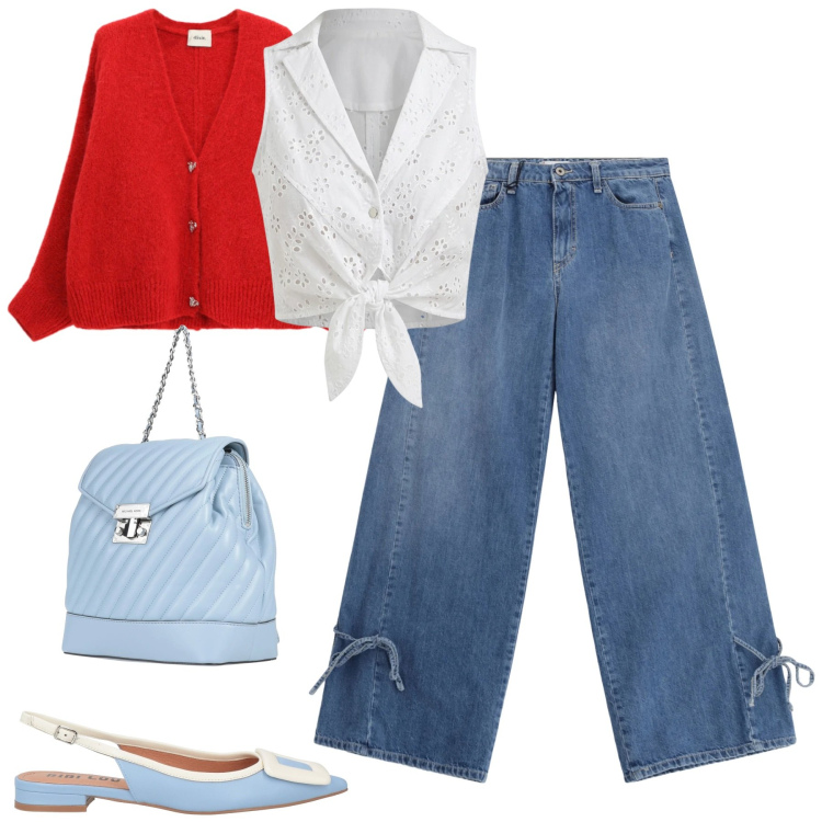 Outfit donna - City. Stile Casual chic per Tutti i giorni. Abbinamento con zaini, ballerine, cardigans, jeans, top.