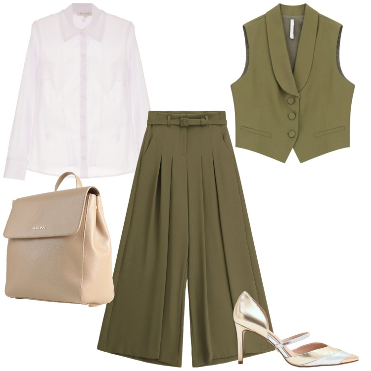 Outfit donna - Match verdone e champagne. Stile Casual chic per Ufficio. Abbinamento con zaini, gilet, pantaloni a palazzo, camicie, décolleté.
