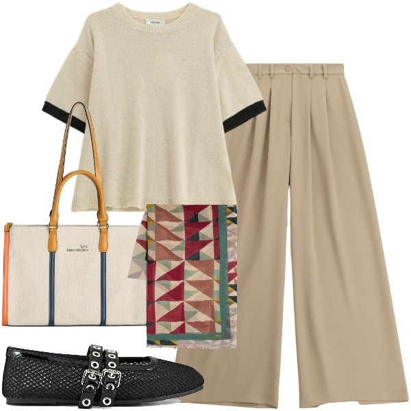 Outfit donna - Maglia leggera protagonista. Stile Urban per Tutti i giorni. Abbinamento con sciarpe, borse tote, maglieria, pantaloni a palazzo, ballerine.