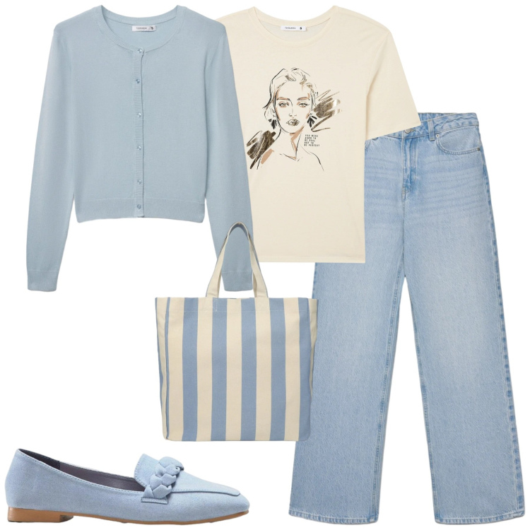 Outfit donna - Marzo. Stile Casual chic per Tutti i giorni. Abbinamento con mocassini, t-shirt, cardigans, jeans, shopping bag.