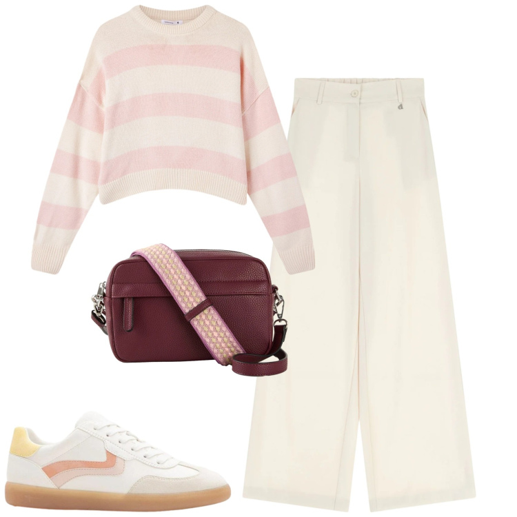 Outfit donna - City. Stile Casual per Tutti i giorni. Abbinamento con borse a tracolla, sneakers, maglieria, pantaloni a palazzo.