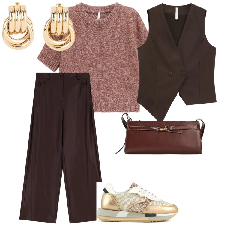 Outfit donna - Tonalità di marrone. per Tutti i giorni. Abbinamento con orecchini, borse a tracolla, maglieria, gilet, pantaloni a palazzo, sneakers.