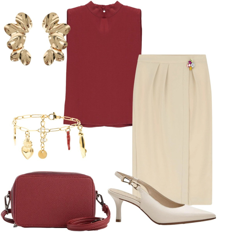 Outfit donna - Un tocco di rosso. Stile Trendy per Ufficio. Abbinamento con décolleté, borse a tracolla, gonne, top, orecchini, braccialetti.