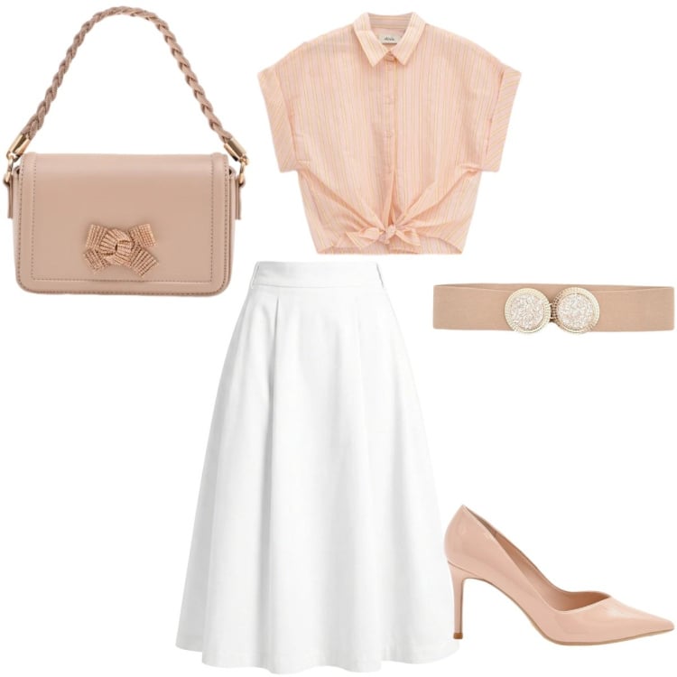 Outfit donna - Pin-up cipria. Stile Bon Ton per Tutti i giorni. Abbinamento con gonne longuette, pochette, décolleté, cinture, camicie a manica corta.