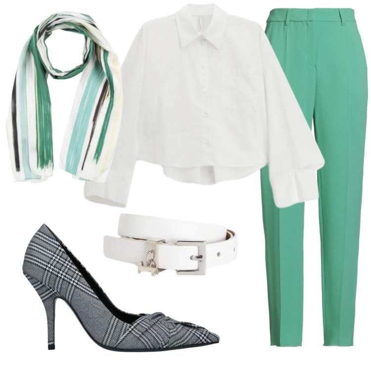 Outfit donna - Verde primavera. Stile Glamour per Tutti i giorni. Abbinamento con décolleté, pantaloni, sciarpe, cinture, camicie.