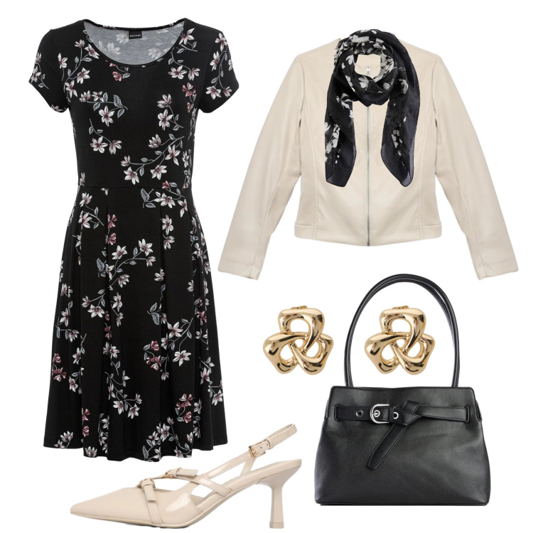 Outfit donna - Romantica con carattere. Stile Romantica per Tutti i giorni. Abbinamento con vestiti, borse a mano, foulard, décolleté, giacche, orecchini.