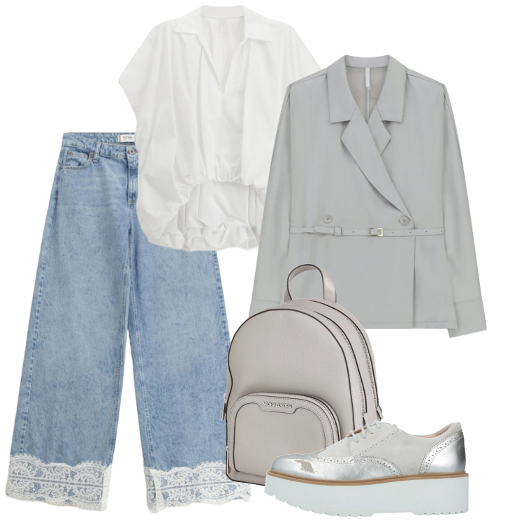 Outfit donna - Pizzi all\'orlo. Stile Bon Ton per Ufficio. Abbinamento con zaini, scarpe stringate, camicie a manica corta, blazer, jeans.