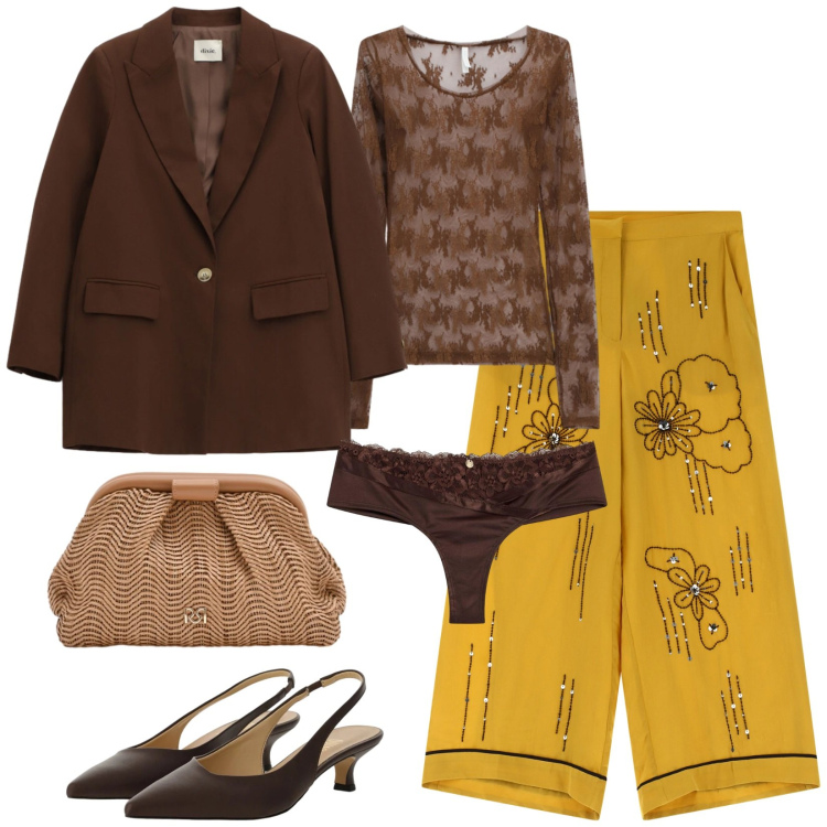 Outfit donna - Total look #2362526. Stile Etnico per Serata fuori. Abbinamento con culotte, top, pantaloni, décolleté, blazer, pochette.