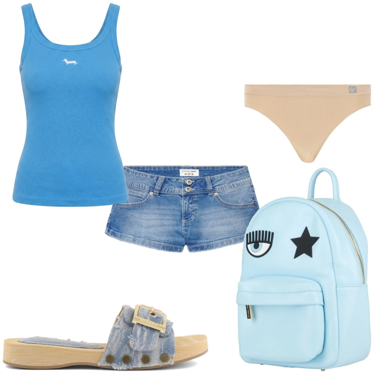 Outfit donna - Fa caldo. Stile Casual per Tutti i giorni. Abbinamento con zaini, canottiere, shorts, perizomi, ciabatte.