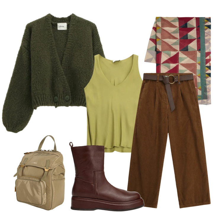 Outfit donna - Total look #2362542. Stile Etnico Abbinamento con zaini, stivaletti, sciarpe, pantaloni a palazzo, cardigans, top.