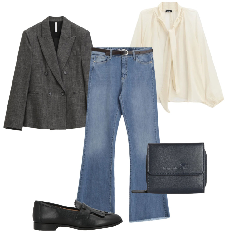 Outfit donna - Città basica. Stile Basic per Tutti i giorni. Abbinamento con mocassini, portafogli, blazer, bluse, jeans.