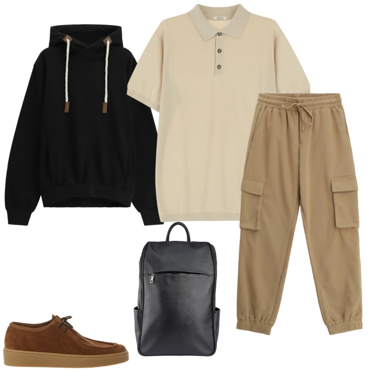 Outfit uomo - Urban Minimalist. Stile Trendy per Tutti i giorni. Abbinamento con polo, pantaloni cargo, felpe con cappuccio, scarpe stringate, borse sportive.