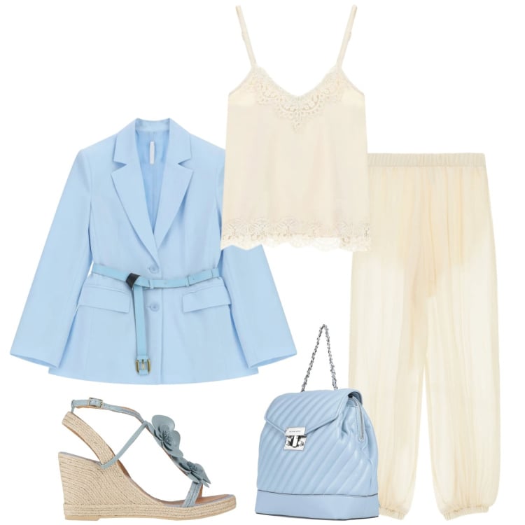 Outfit donna - Total look #2362549. Stile Glamour per Serata fuori. Abbinamento con zaini, espadrillas, blazer, pantaloni, top.