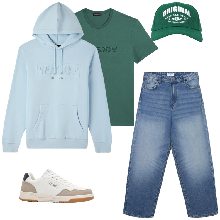 Outfit uomo - Street Style Vibes. Stile Trendy per Tutti i giorni. Abbinamento con sneakers, jeans, felpe con cappuccio, cappelli con visiera, t-shirt.