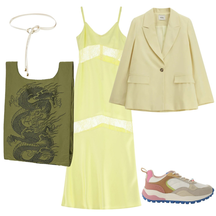 Outfit donna - Lemon drink. Stile Romantica per Tutti i giorni. Abbinamento con cinture, vestiti lunghi, blazer, sneakers, shopping bag.