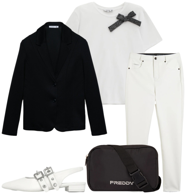 Outfit donna - Total look #2362558. Stile Casual chic per Tutti i giorni. Abbinamento con ballerine, blazer, t-shirt, pantaloni skinny, borse a tracolla.