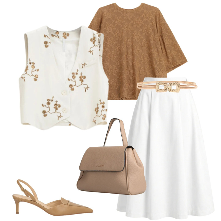 Outfit donna - Romantico primaverile. Stile Romantica per Serata fuori. Abbinamento con zaini, décolleté, gonne longuette, bluse, gilet, cinture.