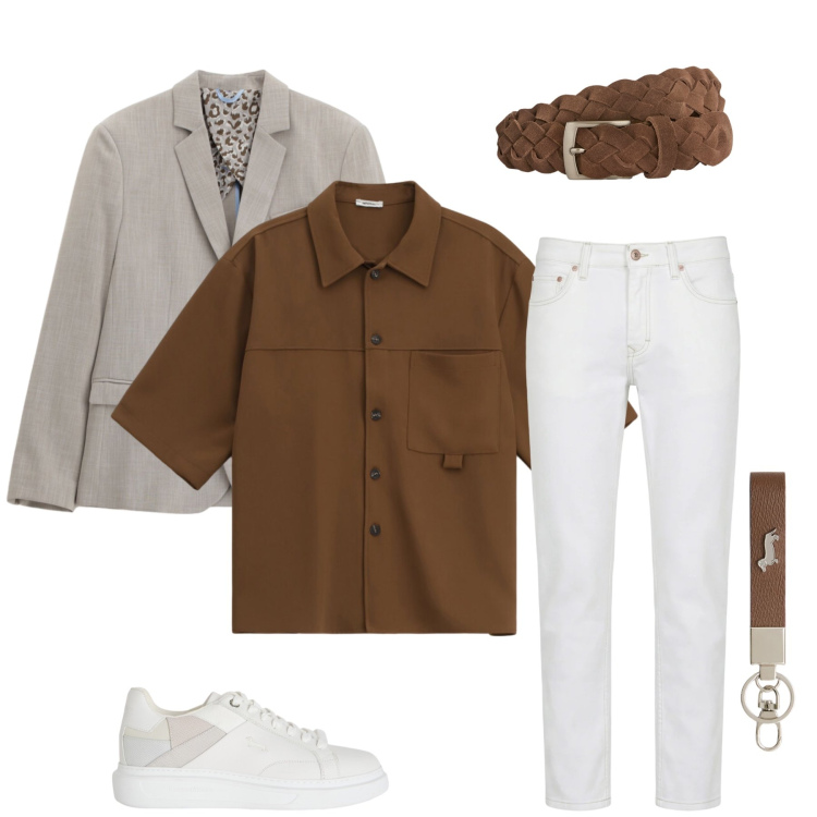 Outfit uomo - L\'Eleganza del Casual-Chic. Stile Casual per Tutti i giorni. Abbinamento con portachiavi, sneakers, cinture, jeans, giacche, camicie a manica corta.