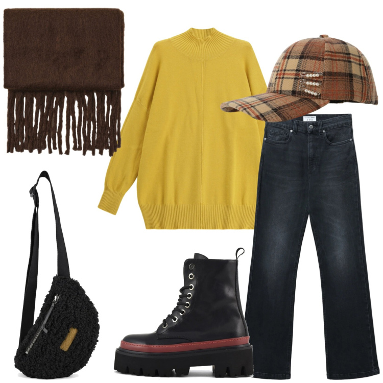 Outfit donna - Total look #2362562. Stile Trendy per Tutti i giorni. Abbinamento con sciarpe, jeans bootcut, cappelli con visiera, maglieria, marsupi, anfibi.