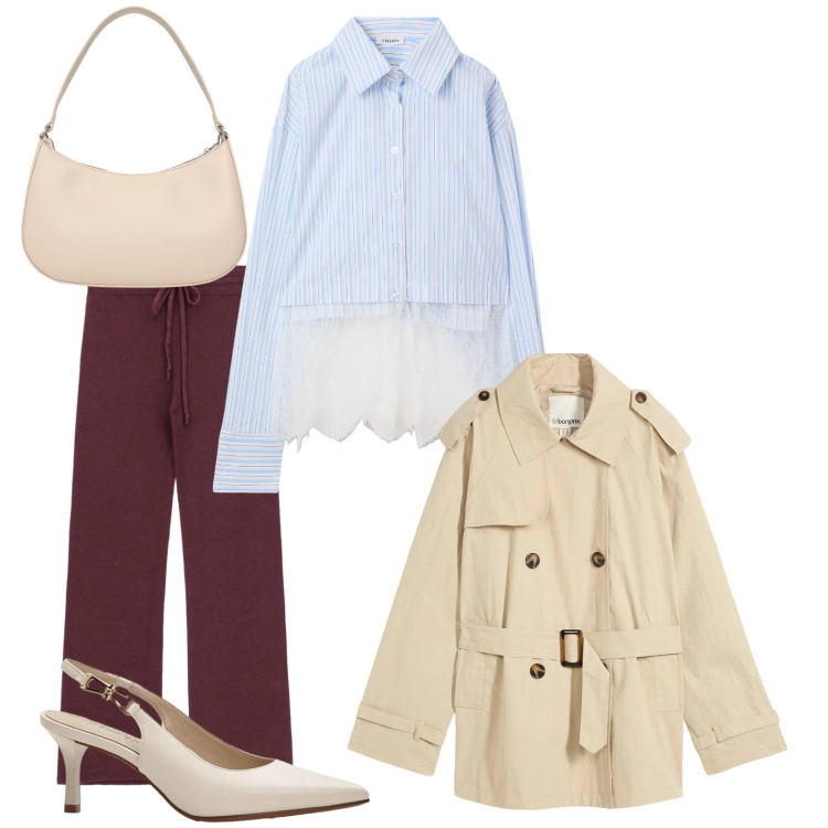 Outfit donna - Primavera in arrivo. Stile Casual chic per Ufficio. Abbinamento con trench, décolleté, camicie, borse a tracolla, pantaloni a palazzo.