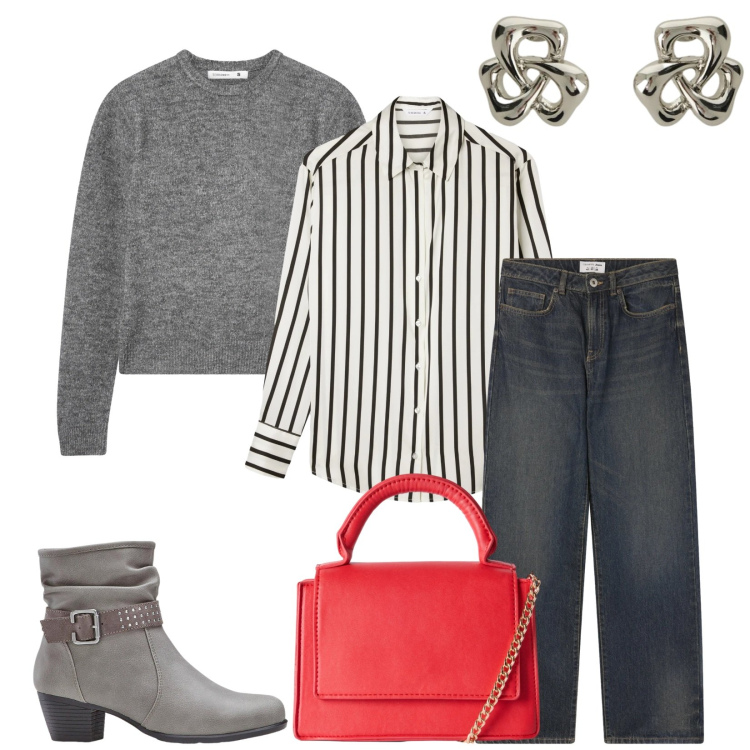 Outfit donna - Total look #2362566. Stile Casual chic per Ufficio. Abbinamento con stivaletti, borse a tracolla, camicie, jeans dritti, maglieria, orecchini.
