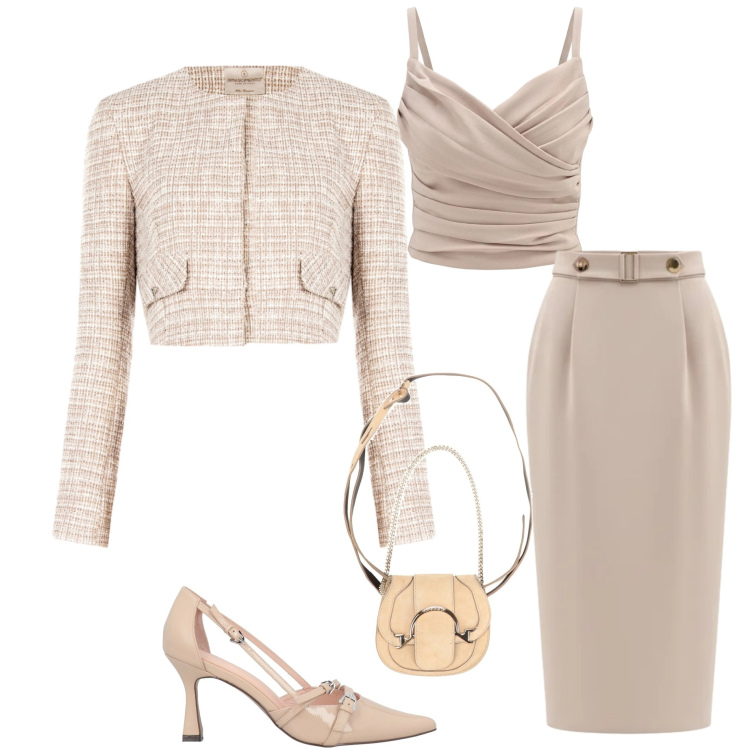 Outfit donna - Stile romantico primaverile. Stile Romantica per Cerimonia. Abbinamento con marsupi, décolleté, blazer, gonne longuette, canottiere.