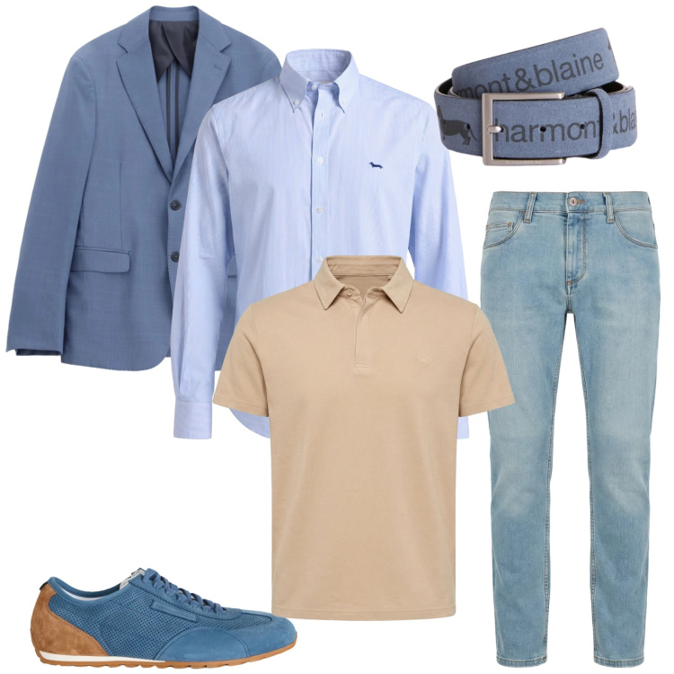 Outfit uomo - Azure Sophistication. Stile Casual per Tutti i giorni. Abbinamento con jeans slim fit, sneakers, cinture, camicie, polo, giacche.