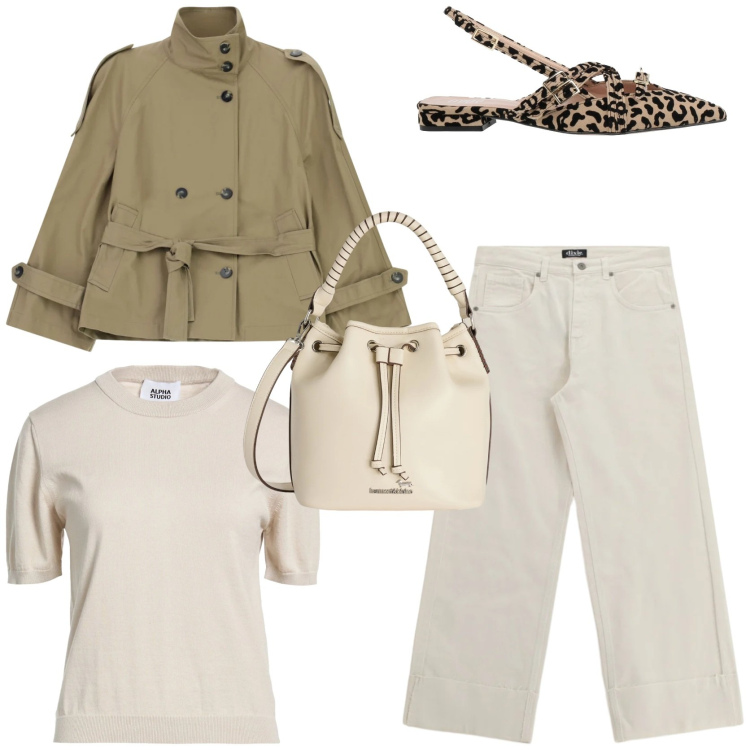 Outfit donna - Spring outfit. Stile Casual chic per Tutti i giorni. Abbinamento con pullovers, ballerine, borse a secchiello, trench, jeans.