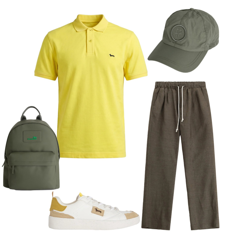 Outfit uomo - Freschezza Urbana e Toni Naturali. Stile Trendy per Mare. Abbinamento con cappelli, sneakers, borse sportive, polo, pantaloni.