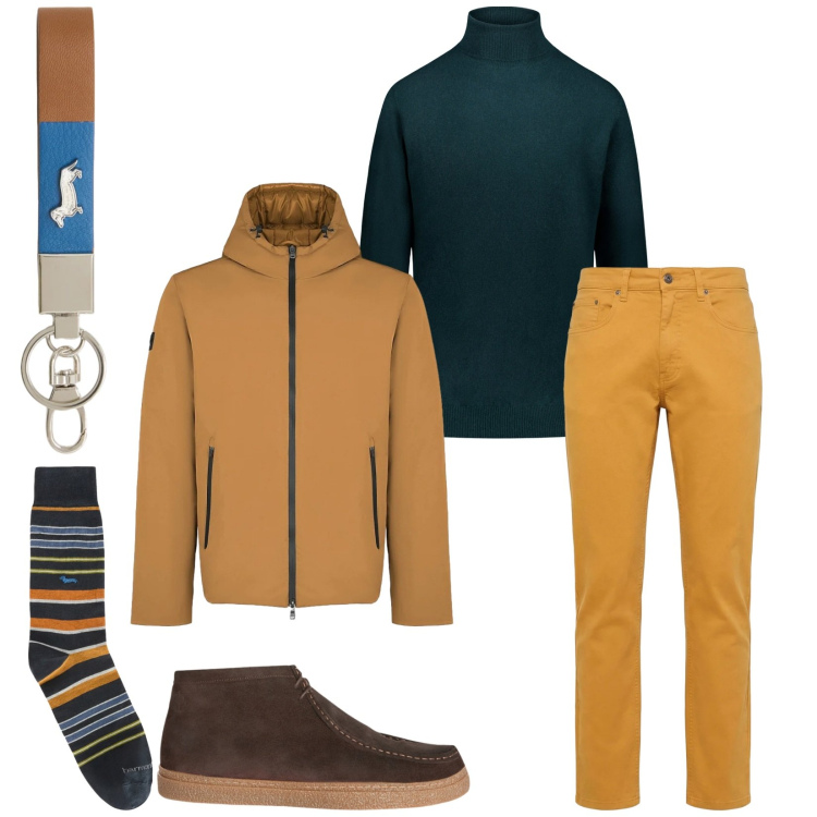 Outfit uomo - Total look #2362577. Stile Trendy per Ufficio. Abbinamento con portachiavi, stivali e stivaletti, calzini, pantaloni, parka, maglieria.