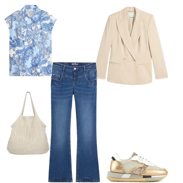 Outfit donna - Shopping con le amiche. Stile Casual per Tutti i giorni. Abbinamento con jeans bootcut, camicie a manica corta, blazer, shopping bag, sneakers.